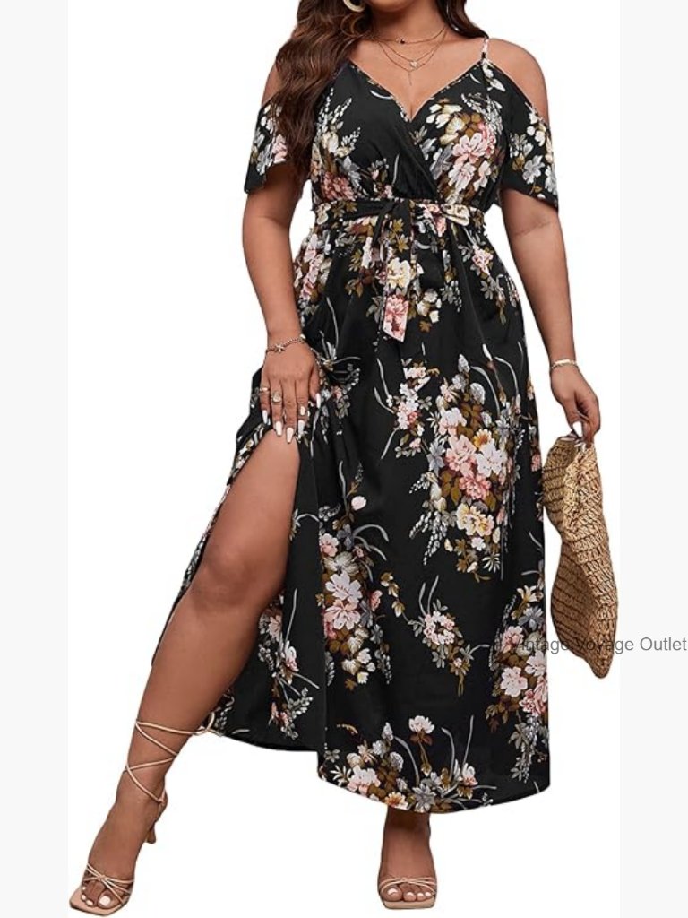Plus Size Cold Shoulder Short Sleeve Split Thigh Maxi Dress